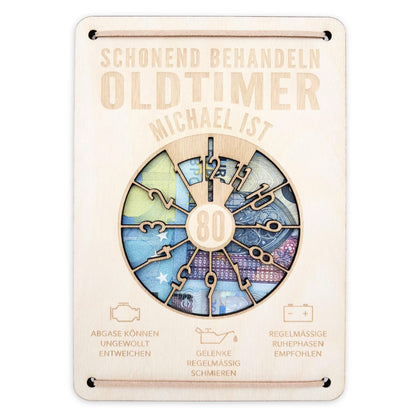 Oldtimer Geburtstagskarte 80. Geburtstag Schonend behandeln personalisiert Geldverpackung Geburtstagsgeschenk Geschenkkarte Holz 12x17 cm