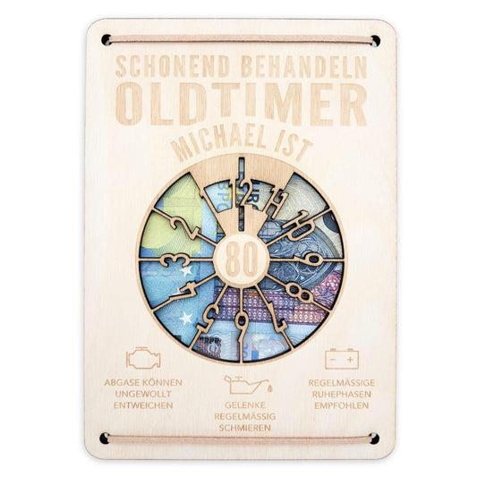 Oldtimer Geburtstagskarte 80. Geburtstag Schonend behandeln personalisiert Geldverpackung Geburtstagsgeschenk Geschenkkarte Holz 12x17 cm