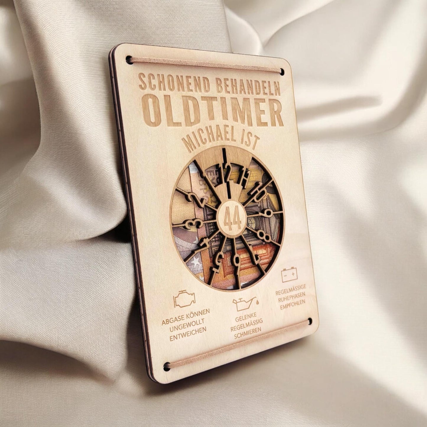 Oldtimer Geburtstagskarte Geburtstag Schonend behandeln personalisiert Geldverpackung Geburtstagsgeschenk Geschenkkarte Holz 12x17 cm