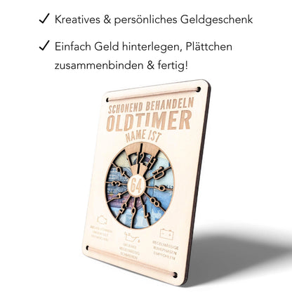 Oldtimer Geburtstagskarte Geburtstag Schonend behandeln personalisiert Geldverpackung Geburtstagsgeschenk Geschenkkarte Holz 12x17 cm