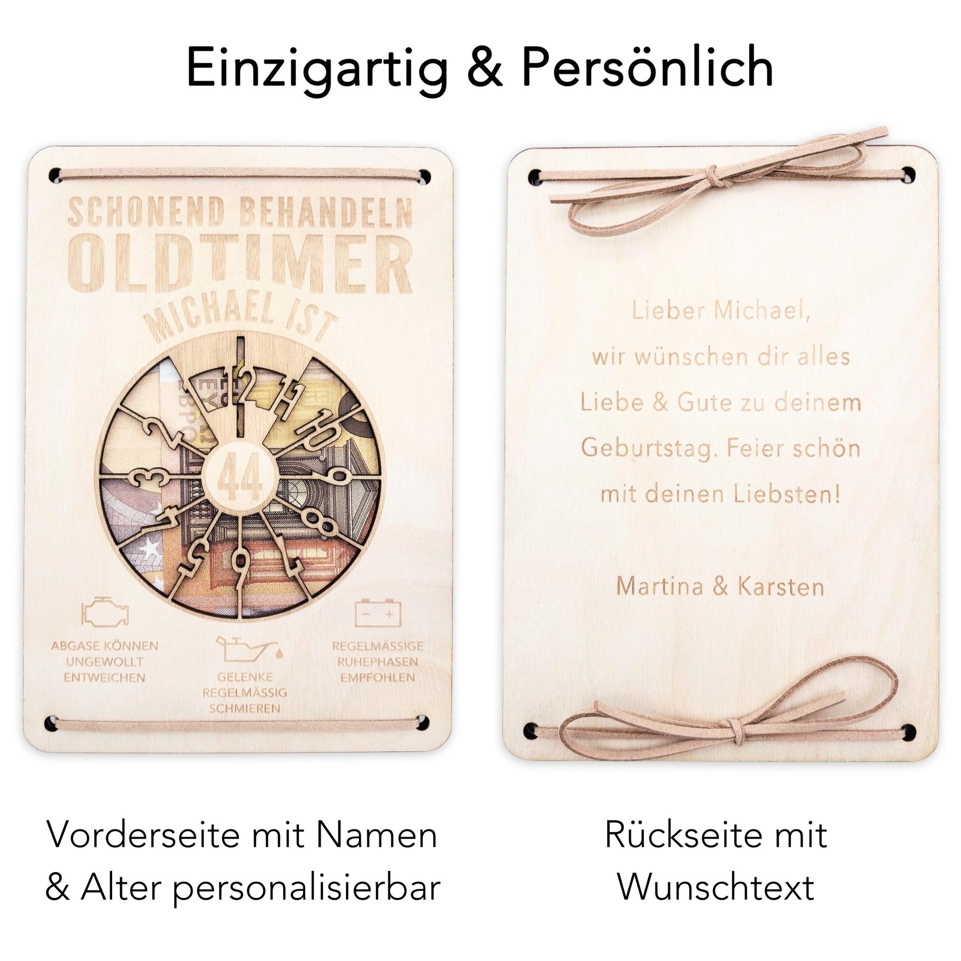 Oldtimer Geburtstagskarte Geburtstag Schonend behandeln personalisiert Geldverpackung Geburtstagsgeschenk Geschenkkarte Holz 12x17 cm