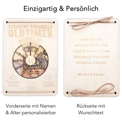Oldtimer Geburtstagskarte Geburtstag Schonend behandeln personalisiert Geldverpackung Geburtstagsgeschenk Geschenkkarte Holz 12x17 cm