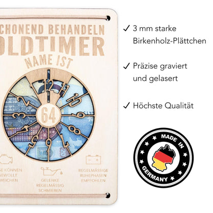 Oldtimer Geburtstagskarte Geburtstag Schonend behandeln personalisiert Geldverpackung Geburtstagsgeschenk Geschenkkarte Holz 12x17 cm