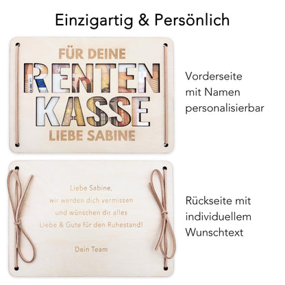 Rente Geldgeschenk personalisiertes Renteneintritt Geschenk Rentner Rentenkasse Abschiedsgeschenk Kollegen Geschenkkarte aus Holz 12x17 cm