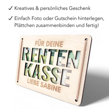 Rente Geldgeschenk personalisiertes Renteneintritt Geschenk Rentner Rentenkasse Abschiedsgeschenk Kollegen Geschenkkarte aus Holz 12x17 cm
