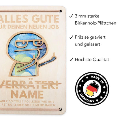 Abschiedsgeschenk Kollege personalisiertes Geschenk Kollegin Jobwechsel Verräter Geldgeschenk Verpackung Geschenkkarte aus Holz 12x17 cm