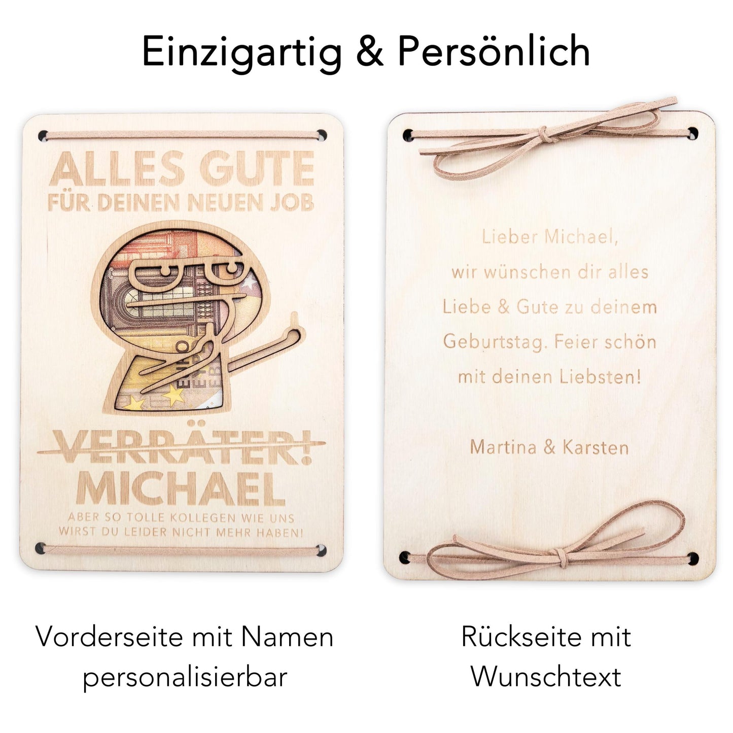Abschiedsgeschenk Kollege personalisiertes Geschenk Kollegin Jobwechsel Verräter Geldgeschenk Verpackung Geschenkkarte aus Holz 12x17 cm