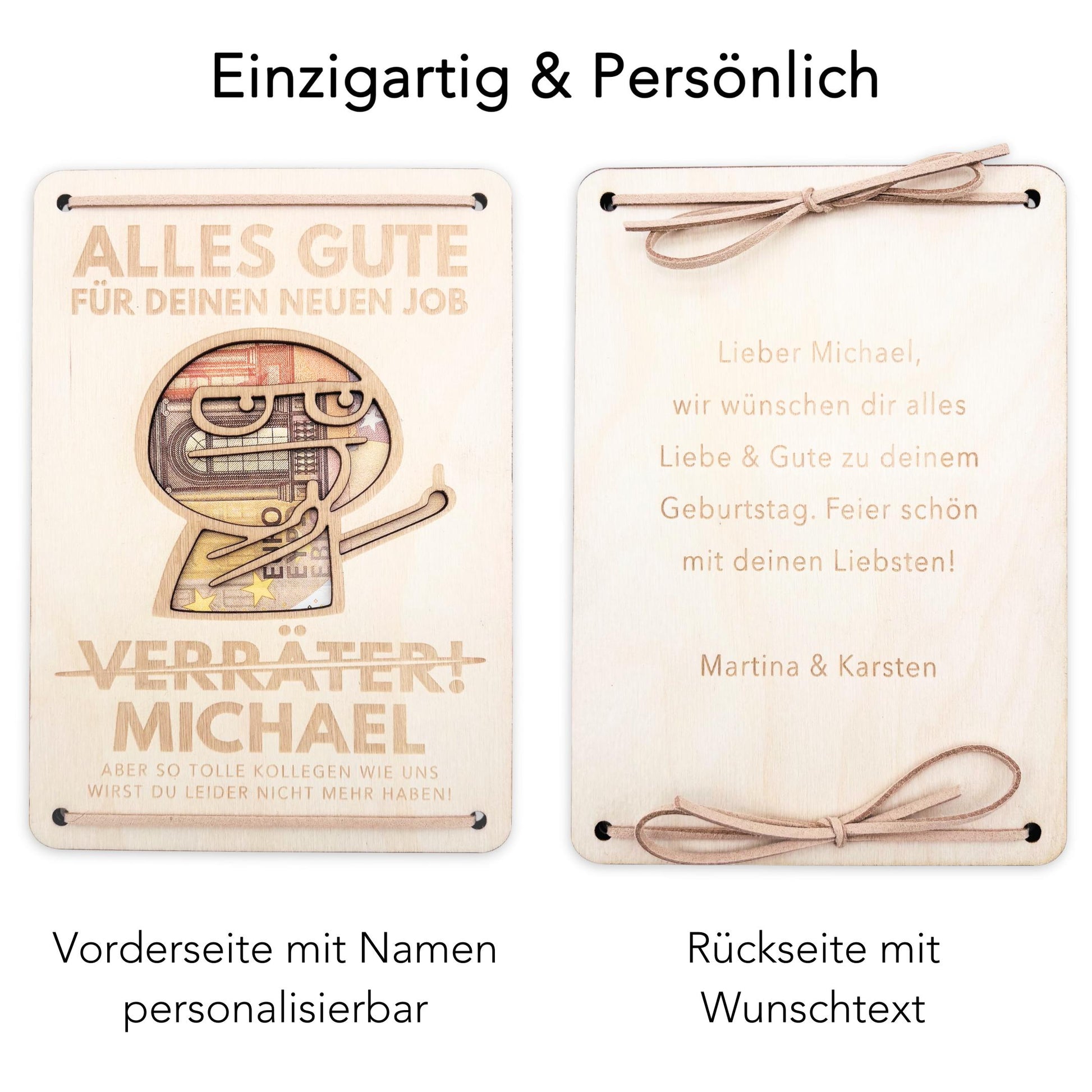 Abschiedsgeschenk Kollege personalisiertes Geschenk Kollegin Jobwechsel Verräter Geldgeschenk Verpackung Geschenkkarte aus Holz 12x17 cm