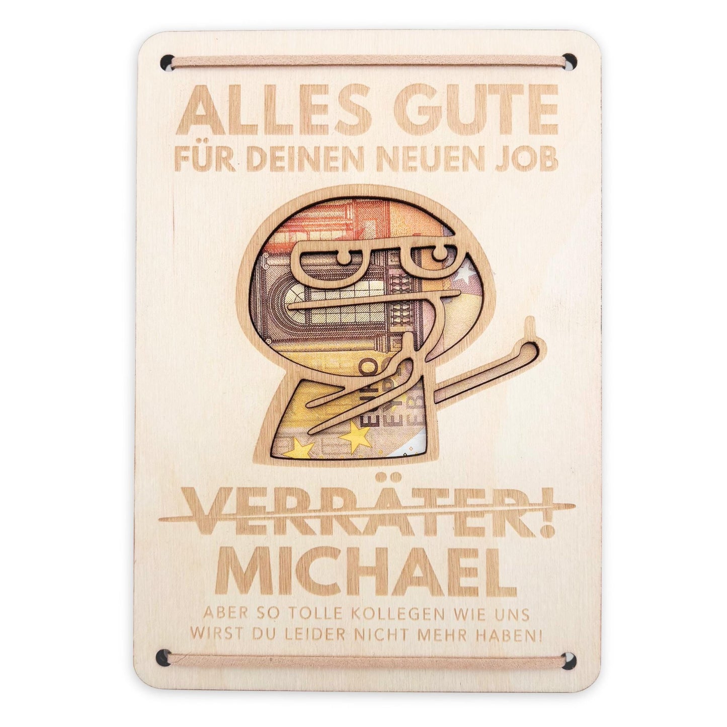 Abschiedsgeschenk Kollege personalisiertes Geschenk Kollegin Jobwechsel Verräter Geldgeschenk Verpackung Geschenkkarte aus Holz 12x17 cm