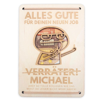 Abschiedsgeschenk Kollege personalisiertes Geschenk Kollegin Jobwechsel Verräter Geldgeschenk Verpackung Geschenkkarte aus Holz 12x17 cm