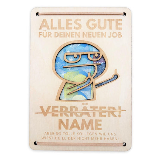 Abschiedsgeschenk Kollege personalisiertes Geschenk Kollegin Jobwechsel Verräter Geldgeschenk Verpackung Geschenkkarte aus Holz 12x17 cm