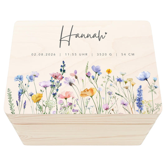 Erinnerungskiste Baby Mädchen Holzkiste personalisierte Erinnerungsbox Wildblumen Geschenk zur Geburt Geburtsgeschenk 30x20x13 cm