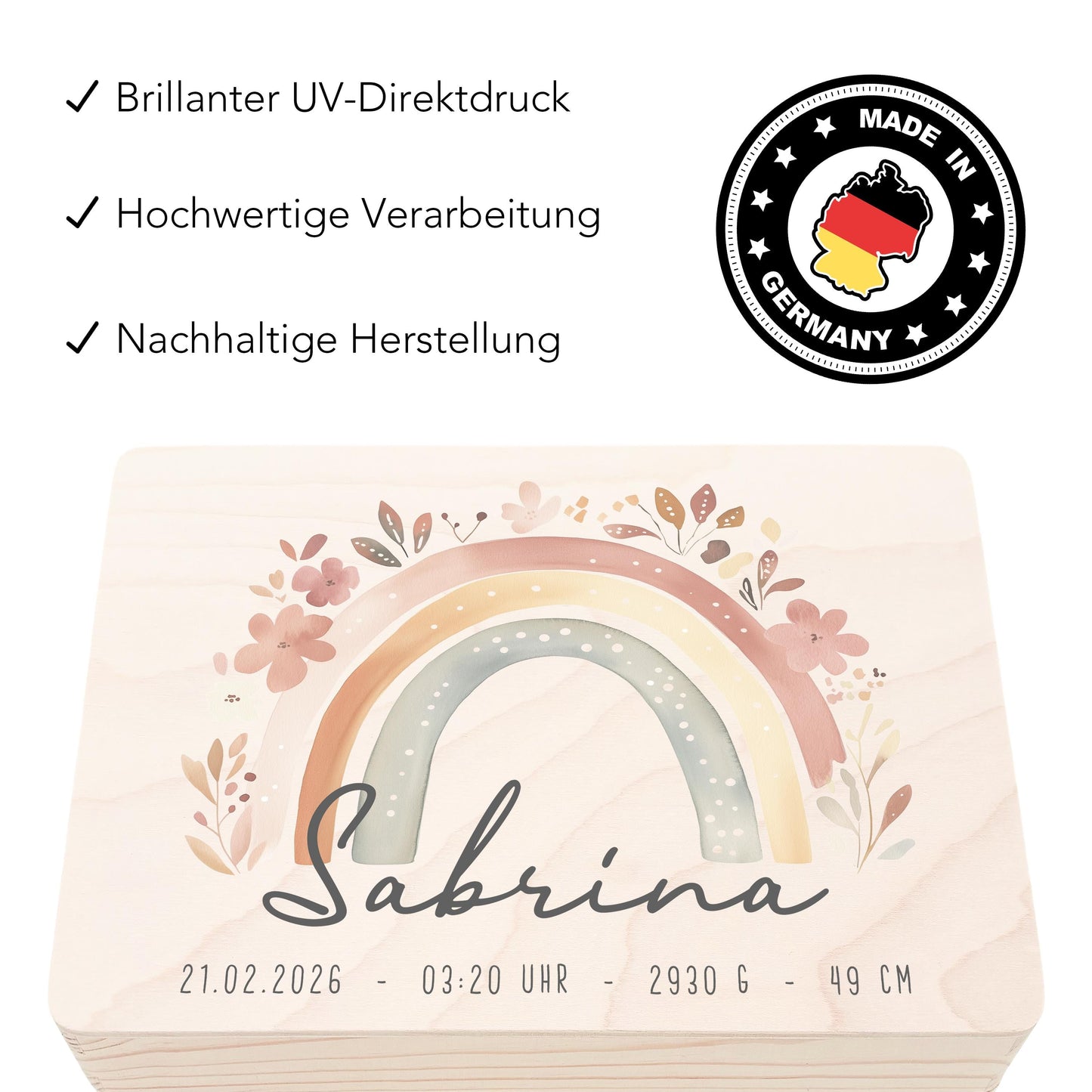Erinnerungskiste Baby Mädchen Holzkiste personalisierte Erinnerungsbox Regenbogen Geschenk zur Geburt Geburtsgeschenk 30x20x13 cm