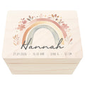Erinnerungskiste Baby Mädchen Holzkiste personalisierte Erinnerungsbox Regenbogen Geschenk zur Geburt Geburtsgeschenk 30x20x13 cm