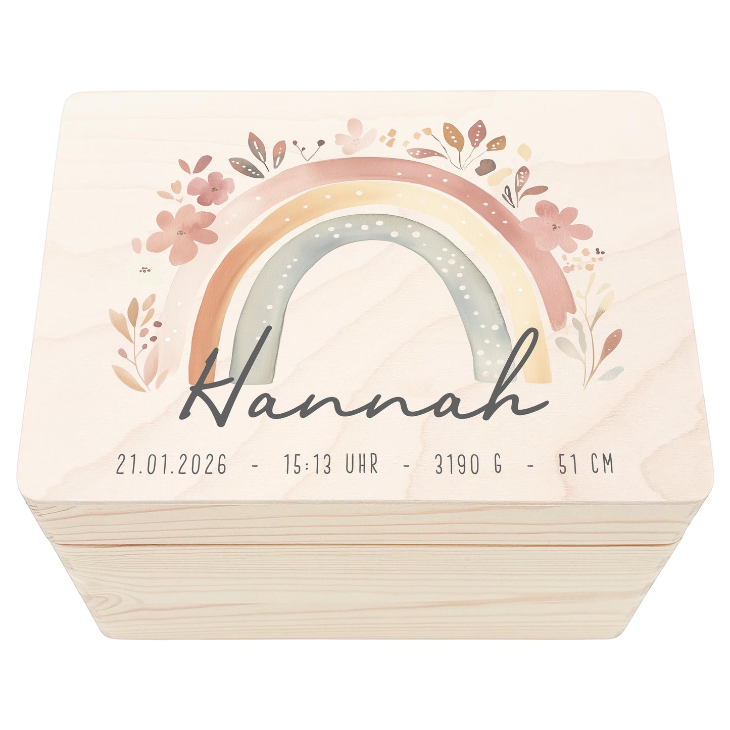 Erinnerungskiste Baby Mädchen Holzkiste personalisierte Erinnerungsbox Regenbogen Geschenk zur Geburt Geburtsgeschenk 30x20x13 cm