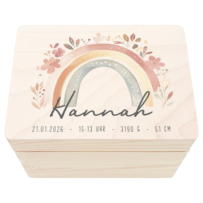 Erinnerungskiste Baby Mädchen Holzkiste personalisierte Erinnerungsbox Regenbogen Geschenk zur Geburt Geburtsgeschenk 30x20x13 cm