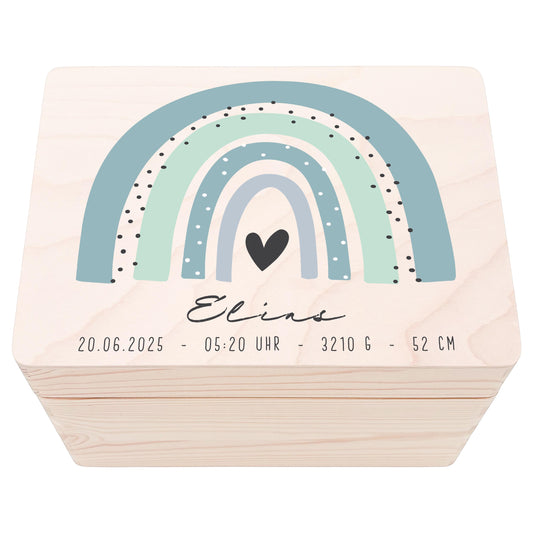 Erinnerungskiste Baby Regenbogen Holzkiste personalisierte Erinnerungsbox Junge Erinnerungsbox Geschenk Geburt Geburtsgeschenk 30x20x13 cm
