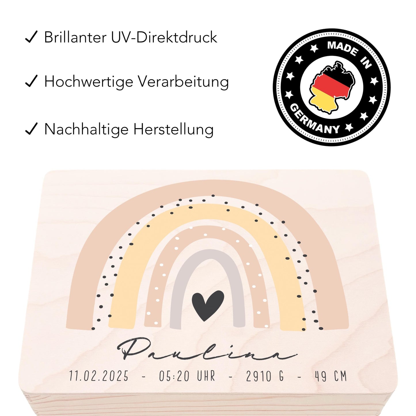 Erinnerungskiste Baby Regenbogen Holzkiste personalisierte Erinnerungsbox Mädchen Erinnerungsbox Geschenk Geburt Geburtsgeschenk 30x20x13 cm