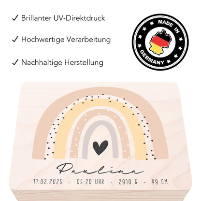 Erinnerungskiste Baby Regenbogen Holzkiste personalisierte Erinnerungsbox Mädchen Erinnerungsbox Geschenk Geburt Geburtsgeschenk 30x20x13 cm