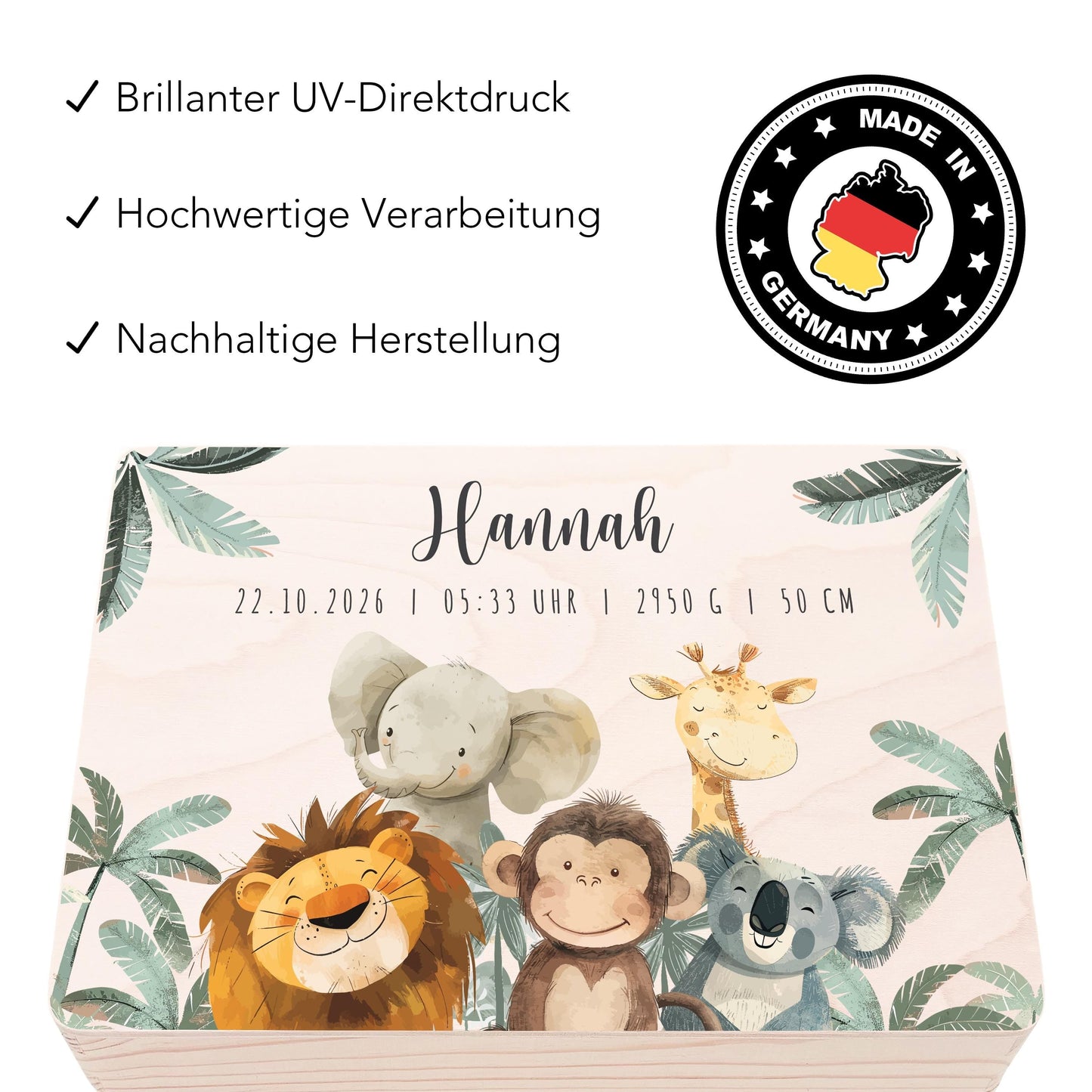 Erinnerungskiste Baby Tiere Holzkiste personalisierte Erinnerungsbox Mädchen Erinnerungsbox Geschenk Geburt Geburtsgeschenk 30x20x13 cm