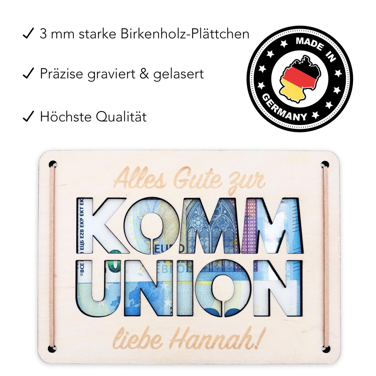 Geldgeschenk Kommunion Geschenk Junge Mädchen personalisierte Geld Verpackung Erstkommunion Geschenkkarte aus Holz 12x17 cm