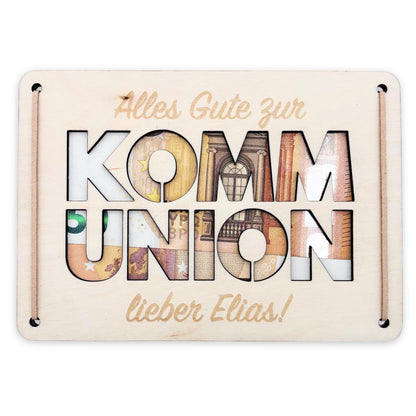Geldgeschenk Kommunion Geschenk Junge Mädchen personalisierte Geld Verpackung Erstkommunion Geschenkkarte aus Holz 12x17 cm