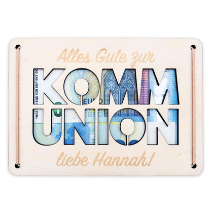 Geldgeschenk Kommunion Geschenk Junge Mädchen personalisierte Geld Verpackung Erstkommunion Geschenkkarte aus Holz 12x17 cm