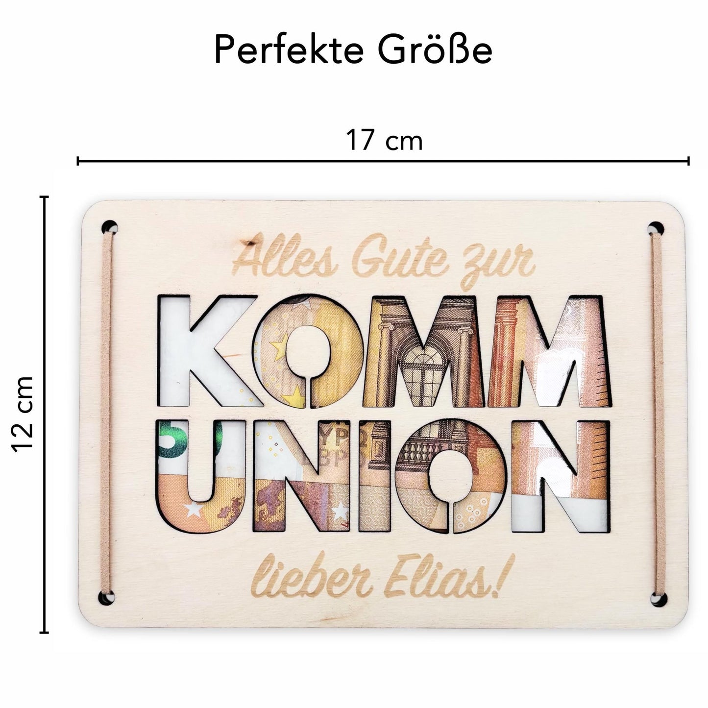 Geldgeschenk Kommunion Geschenk Junge Mädchen personalisierte Geld Verpackung Erstkommunion Geschenkkarte aus Holz 12x17 cm