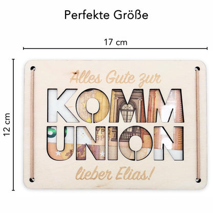 Geldgeschenk Kommunion Geschenk Junge Mädchen personalisierte Geld Verpackung Erstkommunion Geschenkkarte aus Holz 12x17 cm