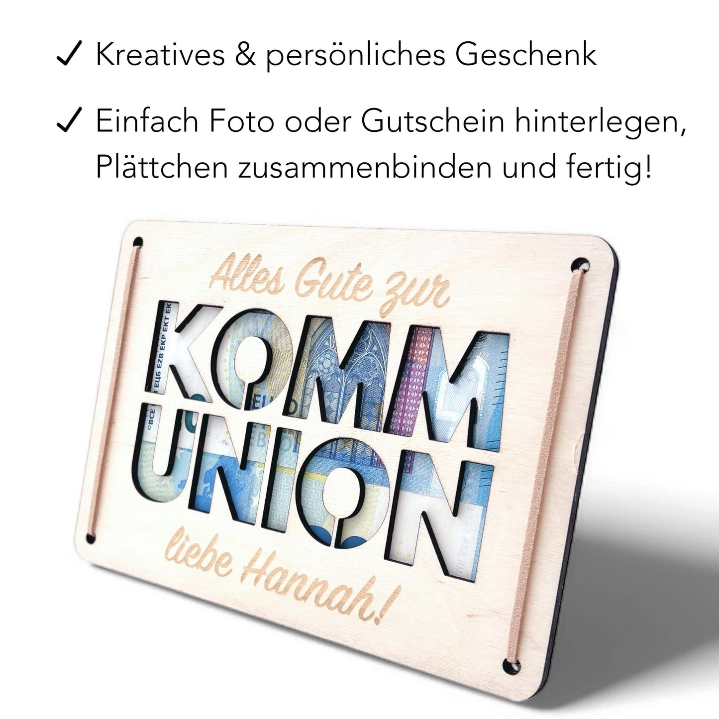 Geldgeschenk Kommunion Geschenk Junge Mädchen personalisierte Geld Verpackung Erstkommunion Geschenkkarte aus Holz 12x17 cm