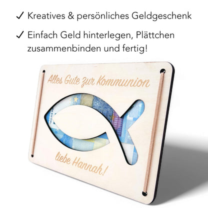 Geldgeschenk Kommunion Geschenk Junge Mädchen personalisierte Geld Verpackung Erstkommunion Geschenkkarte aus Holz 12x17 cm