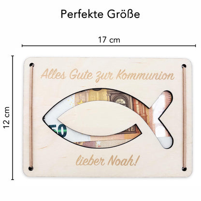 Geldgeschenk Kommunion Geschenk Junge Mädchen personalisierte Geld Verpackung Erstkommunion Geschenkkarte aus Holz 12x17 cm