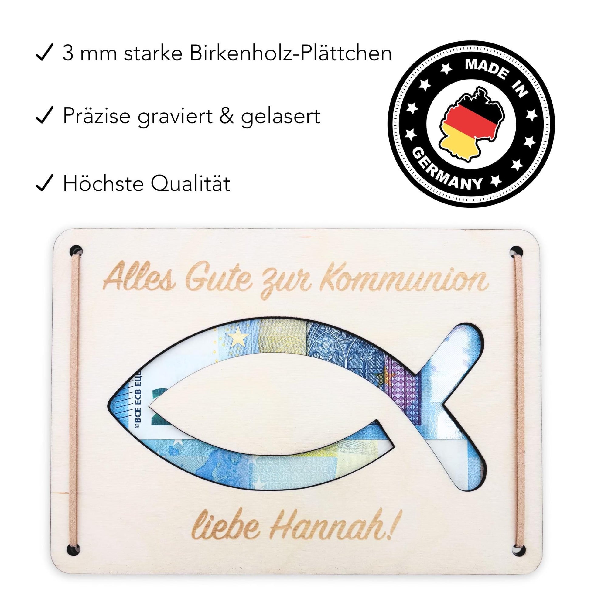 Geldgeschenk Kommunion Geschenk Junge Mädchen personalisierte Geld Verpackung Erstkommunion Geschenkkarte aus Holz 12x17 cm