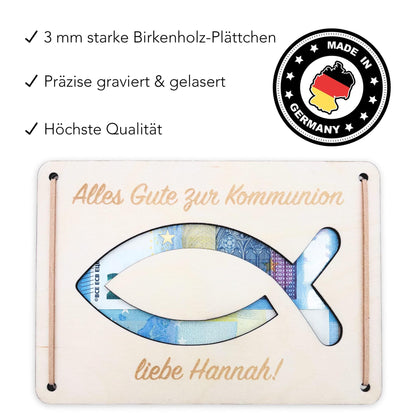 Geldgeschenk Kommunion Geschenk Junge Mädchen personalisierte Geld Verpackung Erstkommunion Geschenkkarte aus Holz 12x17 cm
