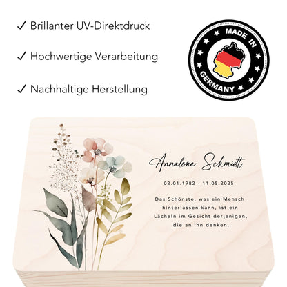 Erinnerungskiste Trauer Trauergeschenk personalisierte Trauerbox Andenken Wildblumen Holzkiste Geschenk Angehörige Holzbox 30x20x13 cm
