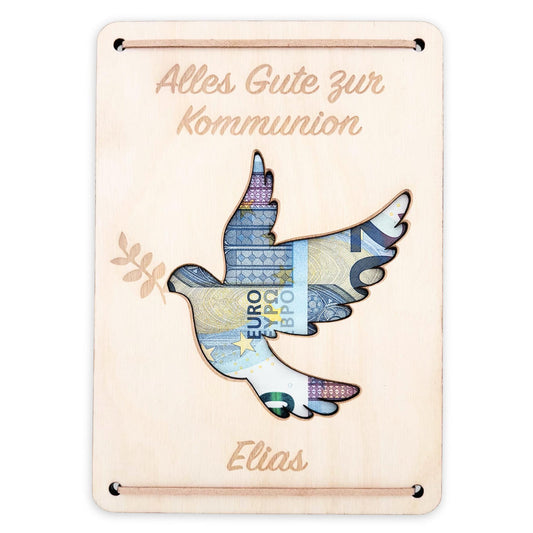 Kommunion Geldgeschenk personalisierte Geld Verpackung Erstkommunion Geschenk Junge Mädchen Geschenkkarte aus Holz 12x17 cm