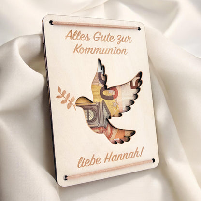 Kommunion Geldgeschenk personalisierte Geld Verpackung Erstkommunion Geschenk Junge Mädchen Geschenkkarte aus Holz 12x17 cm