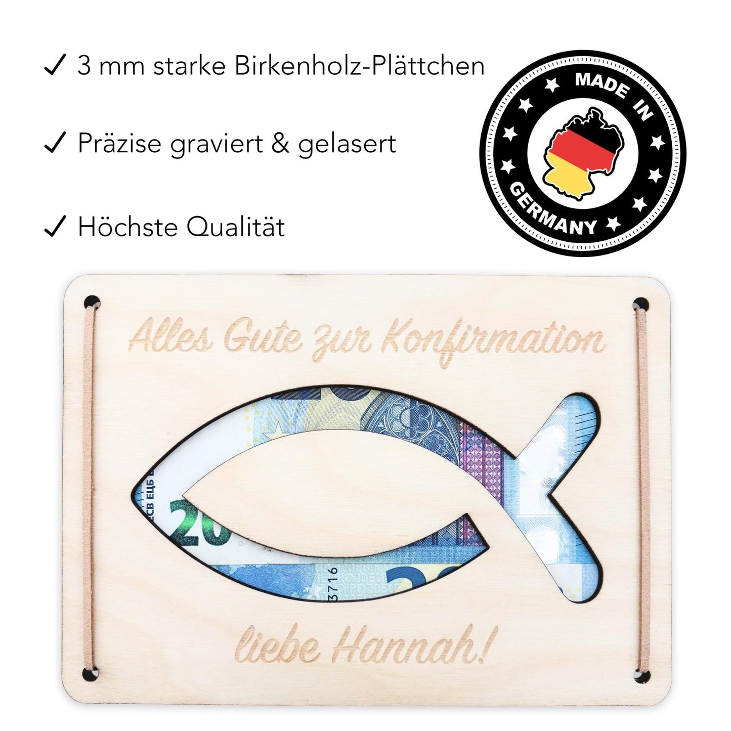 Konfirmation Geldgeschenk personalisierte Geld Verpackung Geschenk Konfirmationsgeschenk Fisch Geschenkkarte aus Holz 12x17 cm