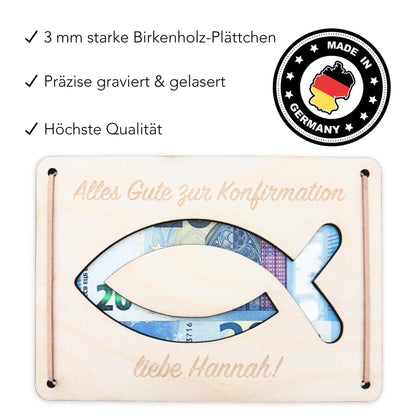 Konfirmation Geldgeschenk personalisierte Geld Verpackung Geschenk Konfirmationsgeschenk Fisch Geschenkkarte aus Holz 12x17 cm