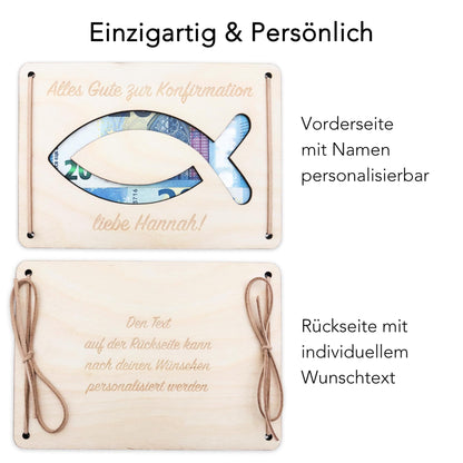 Konfirmation Geldgeschenk personalisierte Geld Verpackung Geschenk Konfirmationsgeschenk Fisch Geschenkkarte aus Holz 12x17 cm