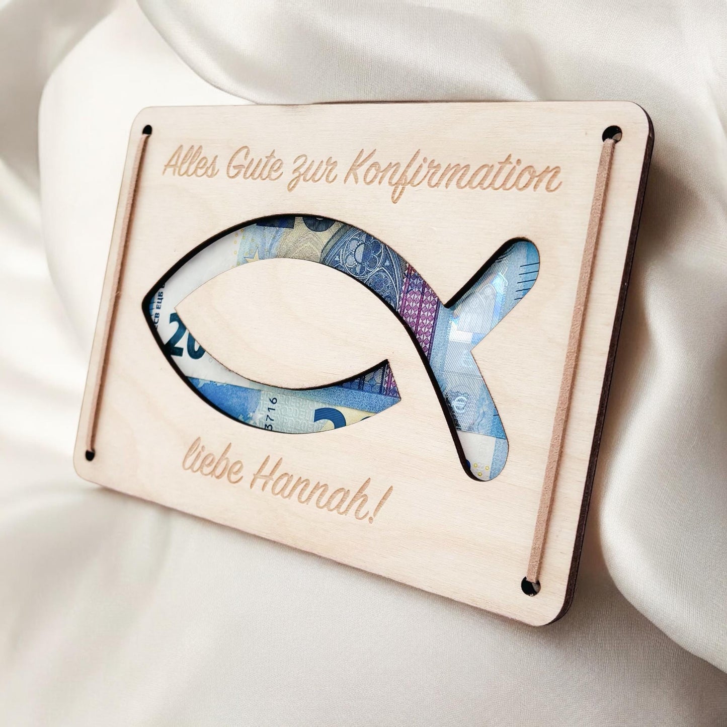 Konfirmation Geldgeschenk personalisierte Geld Verpackung Geschenk Konfirmationsgeschenk Fisch Geschenkkarte aus Holz 12x17 cm