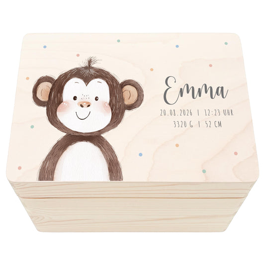 Erinnerungskiste Baby Affe Holzkiste personalisierte Erinnerungsbox Mädchen Junge Geschenk Geburt Geburtsgeschenk 30x20x13 cm