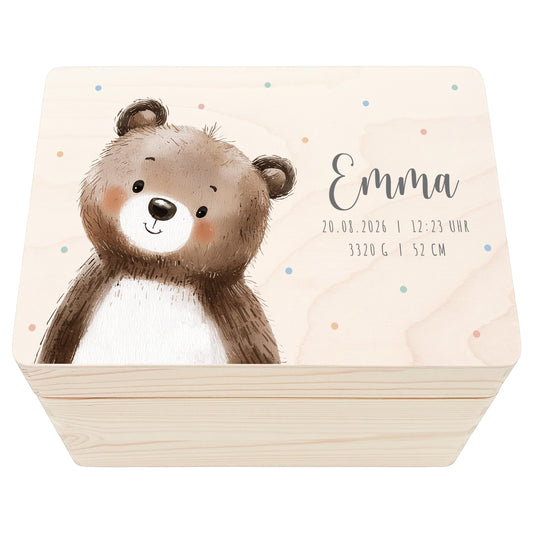 Erinnerungskiste Baby Bär Holzkiste personalisierte Erinnerungsbox Mädchen Junge Geschenk Geburt Geburtsgeschenk 30x20x13 cm