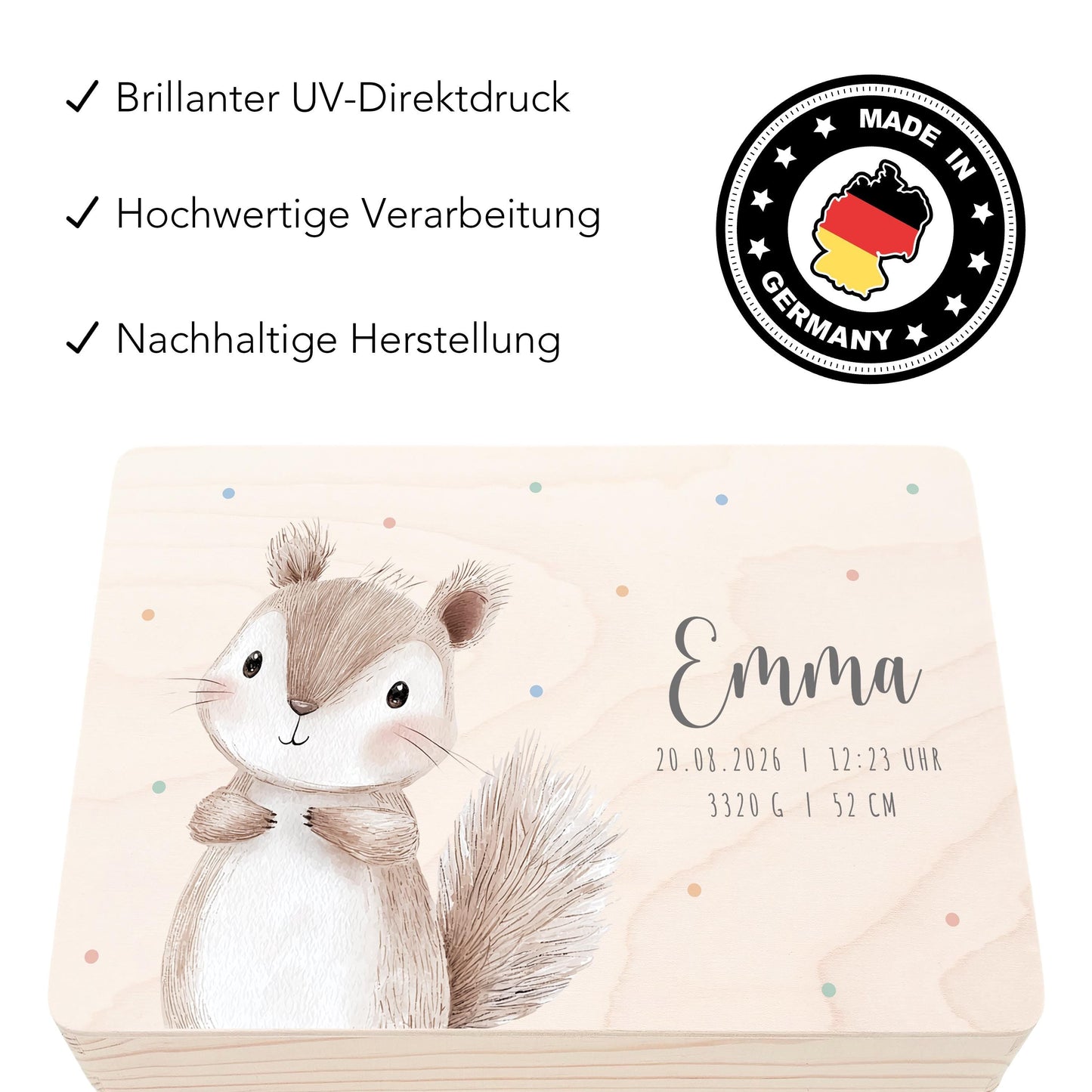 Erinnerungskiste Baby Eichhörnchen Holzkiste personalisierte Erinnerungsbox Geschenk Geburt Geburtsgeschenk 30x20x13 cm