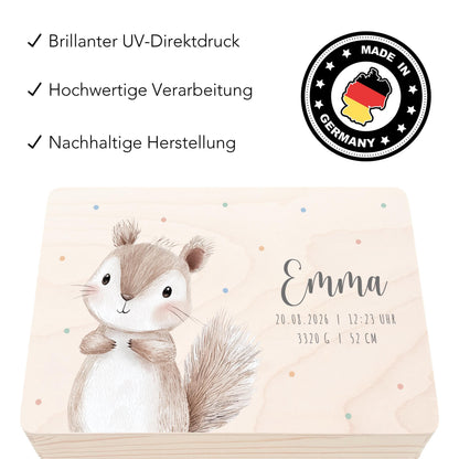 Erinnerungskiste Baby Eichhörnchen Holzkiste personalisierte Erinnerungsbox Geschenk Geburt Geburtsgeschenk 30x20x13 cm