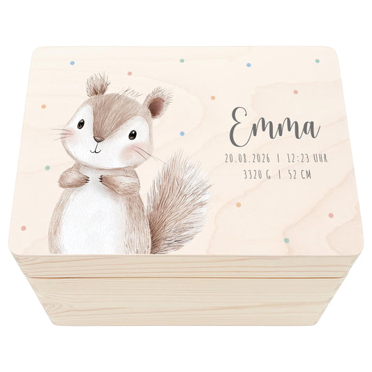 Erinnerungskiste Baby Eichhörnchen Holzkiste personalisierte Erinnerungsbox Geschenk Geburt Geburtsgeschenk 30x20x13 cm