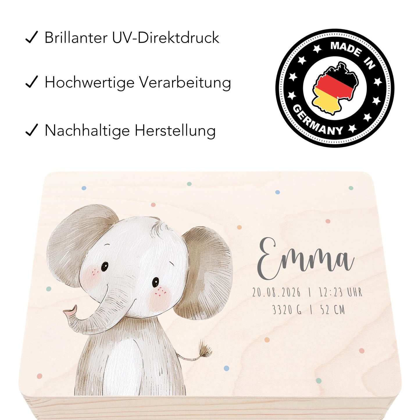 Erinnerungskiste Baby Elefant Holzkiste personalisierte Erinnerungsbox Geschenk Geburt Geburtsgeschenk 30x20x13 cm