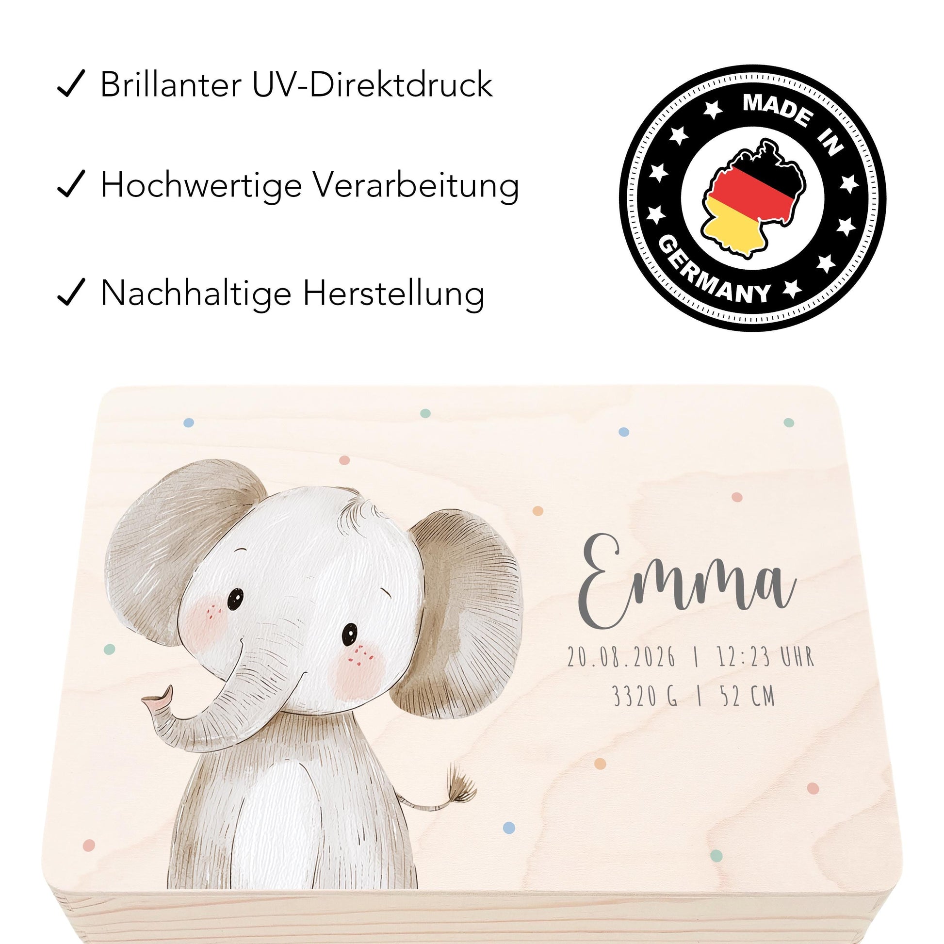 Erinnerungskiste Baby Elefant Holzkiste personalisierte Erinnerungsbox Geschenk Geburt Geburtsgeschenk 30x20x13 cm