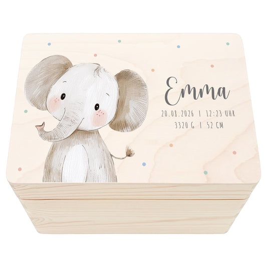 Erinnerungskiste Baby Elefant Holzkiste personalisierte Erinnerungsbox Geschenk Geburt Geburtsgeschenk 30x20x13 cm