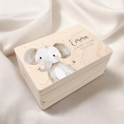 Erinnerungskiste Baby Elefant Holzkiste personalisierte Erinnerungsbox Geschenk Geburt Geburtsgeschenk 30x20x13 cm